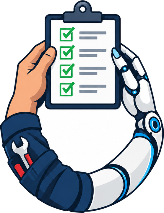 A worker's hand and a robot hand holding a clipboard of ticked jobs